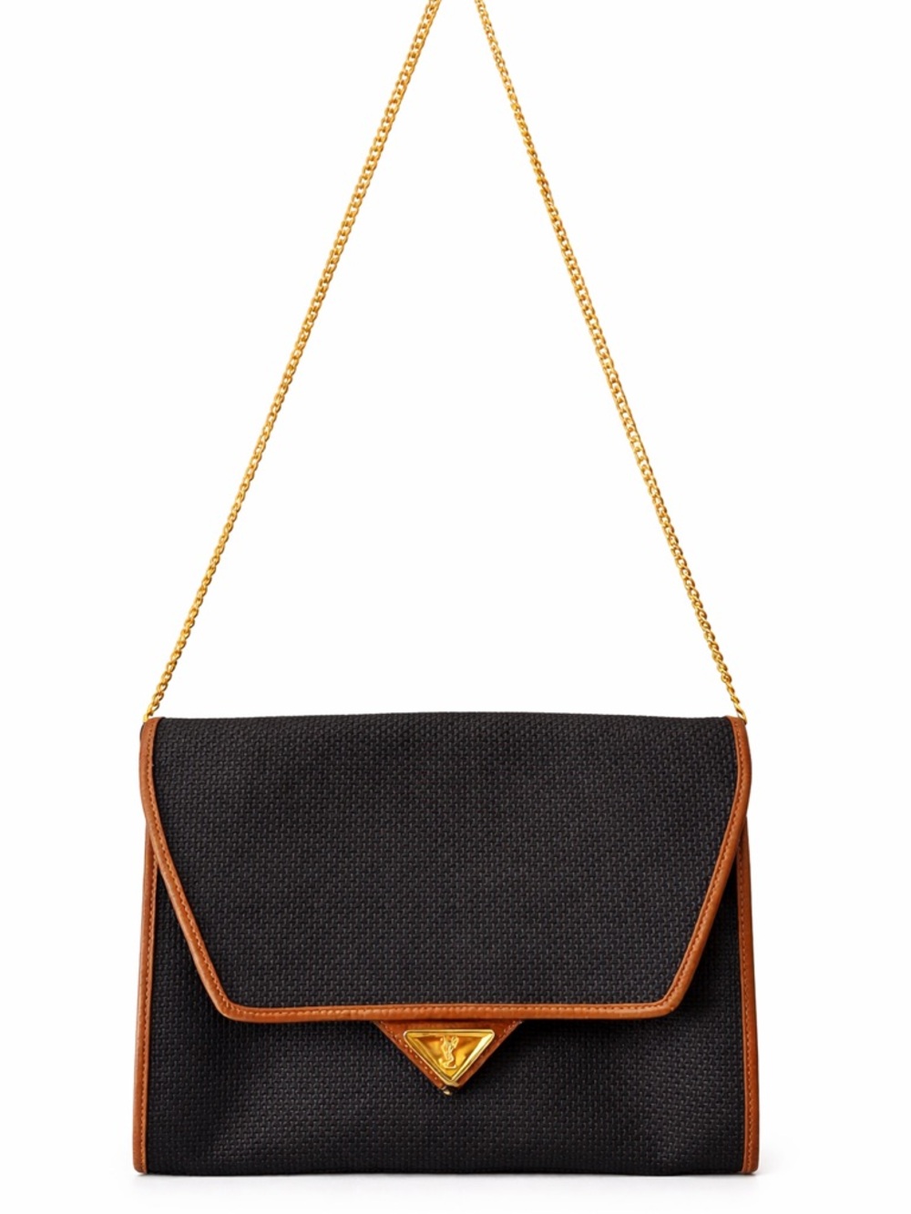 Vintage YSL Envelope Bag Black Woven Leather Trim Gold Chain Shoulder Clutch